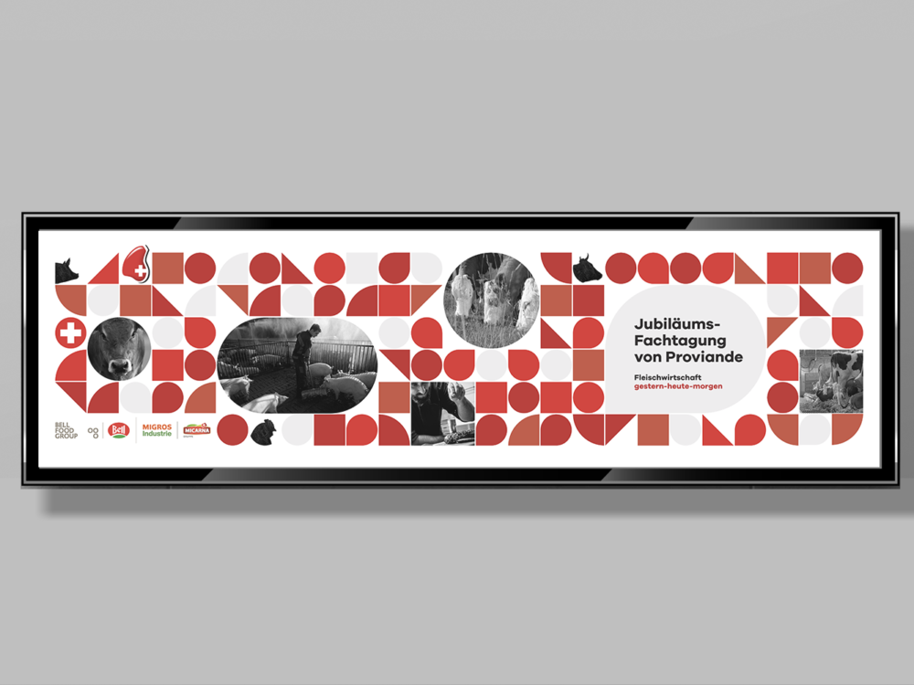 Breitformatiger digitaler Screen mit Proviande-Jubiläumsplakat im Querformat auf grauer Wand