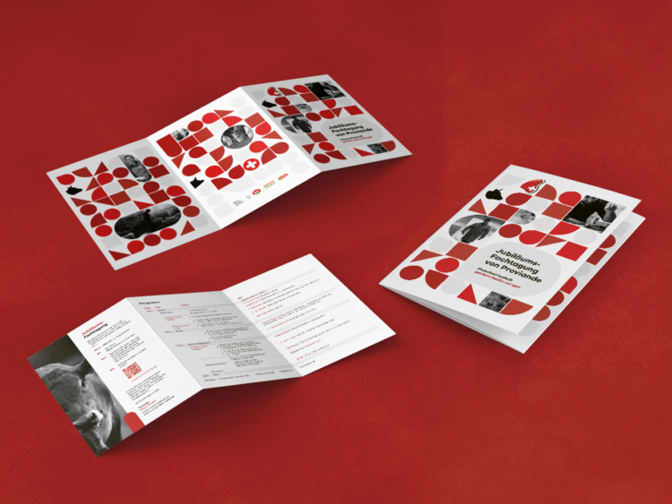 Einladungskarten-Design zur Proviande-Jubiläumsveranstaltung als Mockup-Ansicht auf rotem Hintergrund