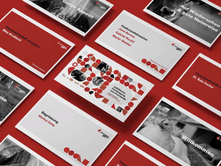 Präsentationsfolien von Proviande als Mockup-Ansicht auf rotem Hintergrund