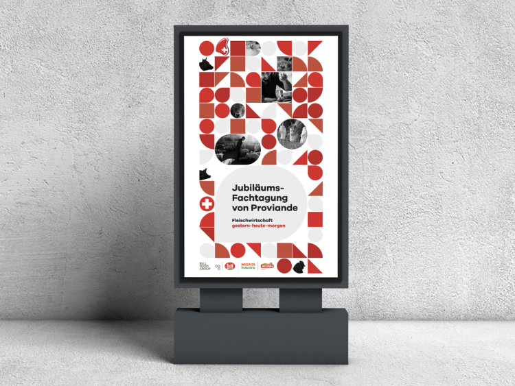 Visualisierung eines freistehenden digitalen Screens mit Jubiläumsplakat der Proviande-Fachtagung vor grauer Betonwand